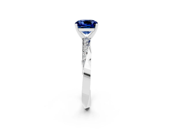 White gold Cushion Cut Blue Sapphire Engagement Ring with Side Stone Accents and Four-Prong Setting