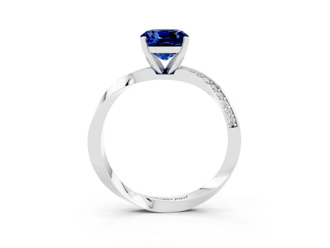 White gold Cushion Cut Blue Sapphire Engagement Ring with Side Stone Accents and Four-Prong Setting_30