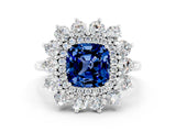 White gold Cushion Cut Blue Sapphire Floral Double Halo Engagement Ring with Prong Setting_96