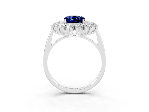 White Gold Cushion Cut Lab-Grown Blue Sapphire Floral Double Halo Engagement Ring with Plain Band