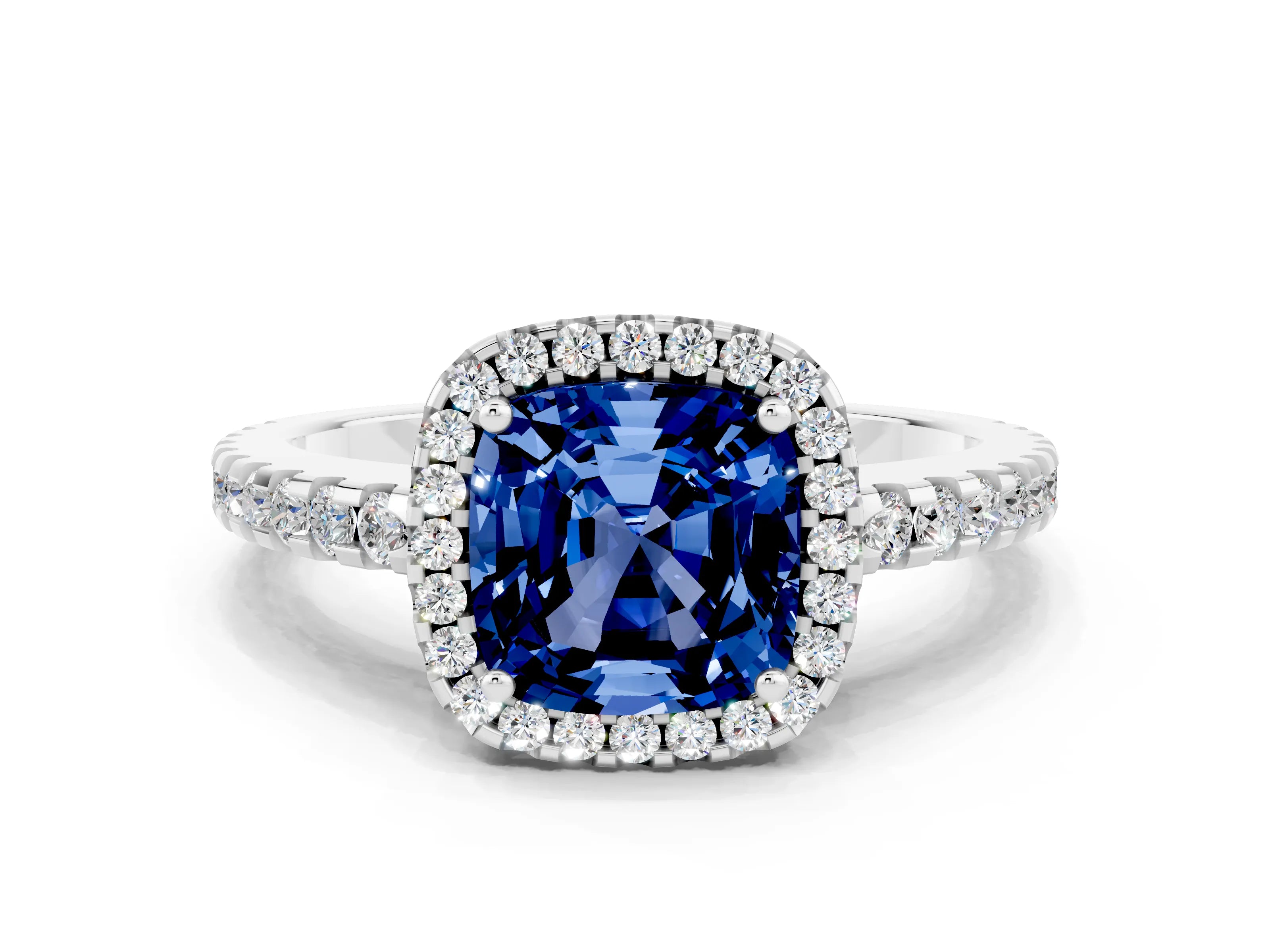 White gold Cushion Cut Blue Sapphire Halo Engagement Ring with Pavé Band and Prong Setting_12