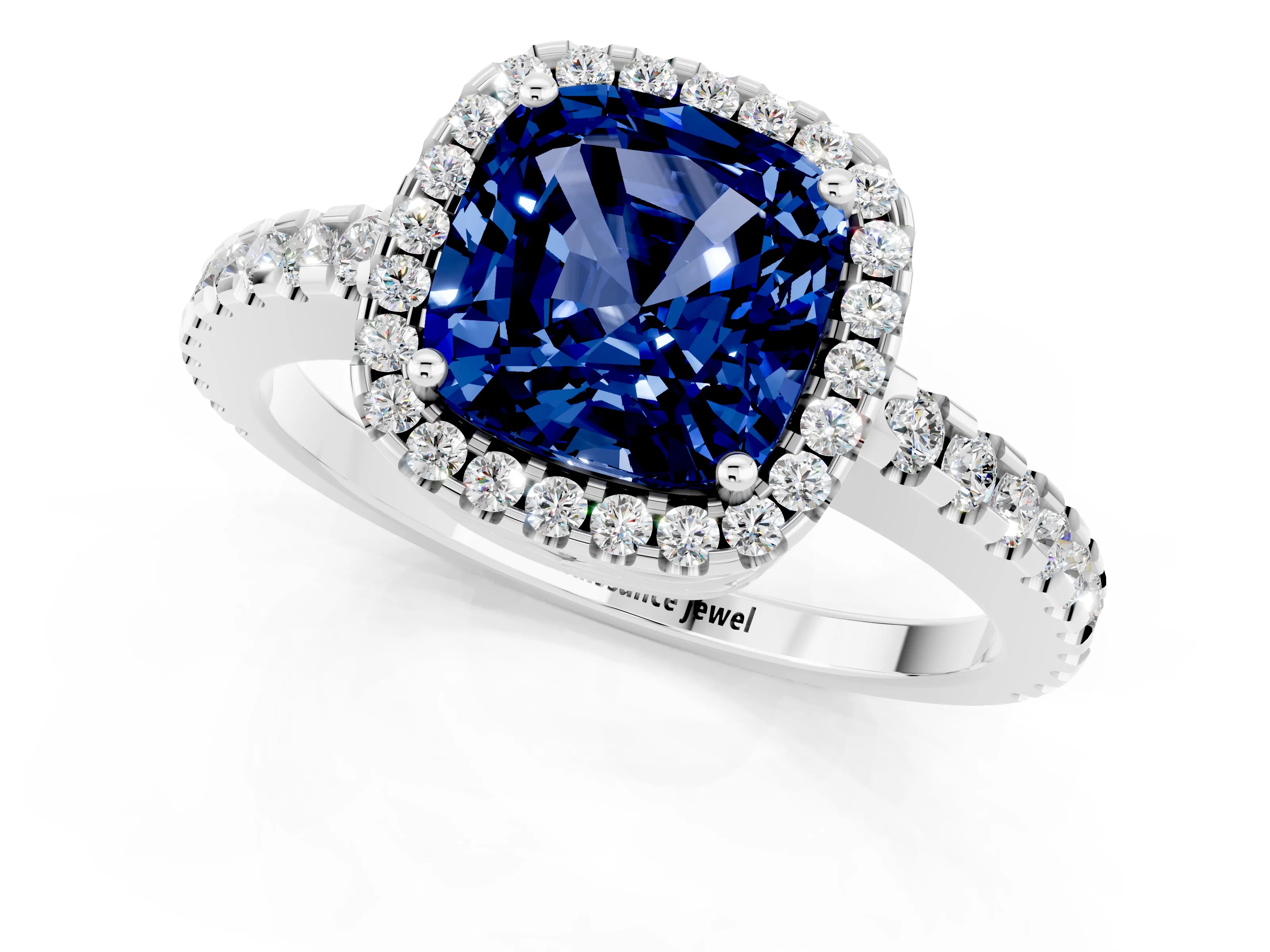 White gold Cushion Cut Blue Sapphire Halo Engagement Ring with Pavé Band and Prong Setting_13