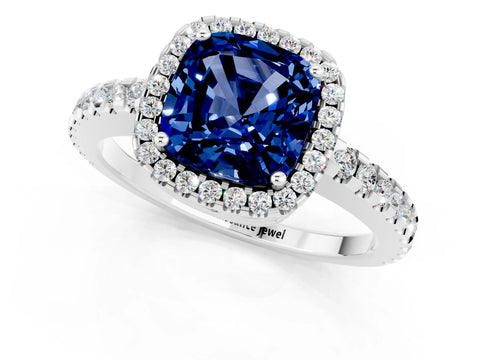 White gold Cushion Cut Blue Sapphire Halo Engagement Ring with Pavé Band and Prong Setting_13