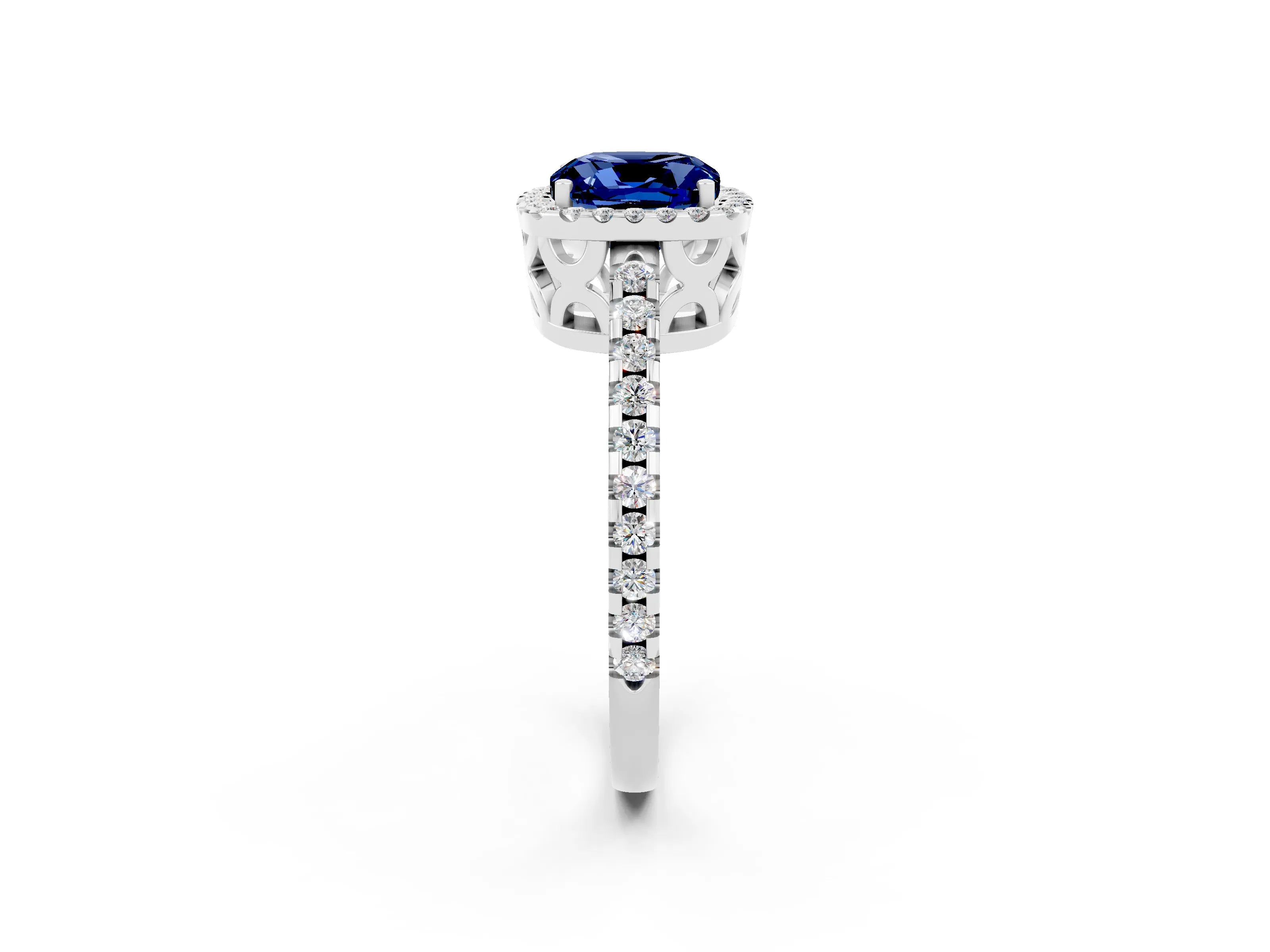 White gold Cushion Cut Blue Sapphire Halo Engagement Ring with Pavé Band and Prong Setting_14