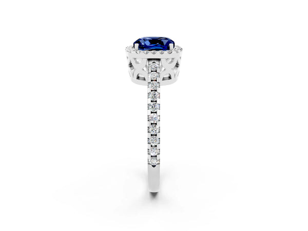 Silver Cushion Cut Blue Sapphire Halo Engagement Ring with Pavé Band and Prong Setting