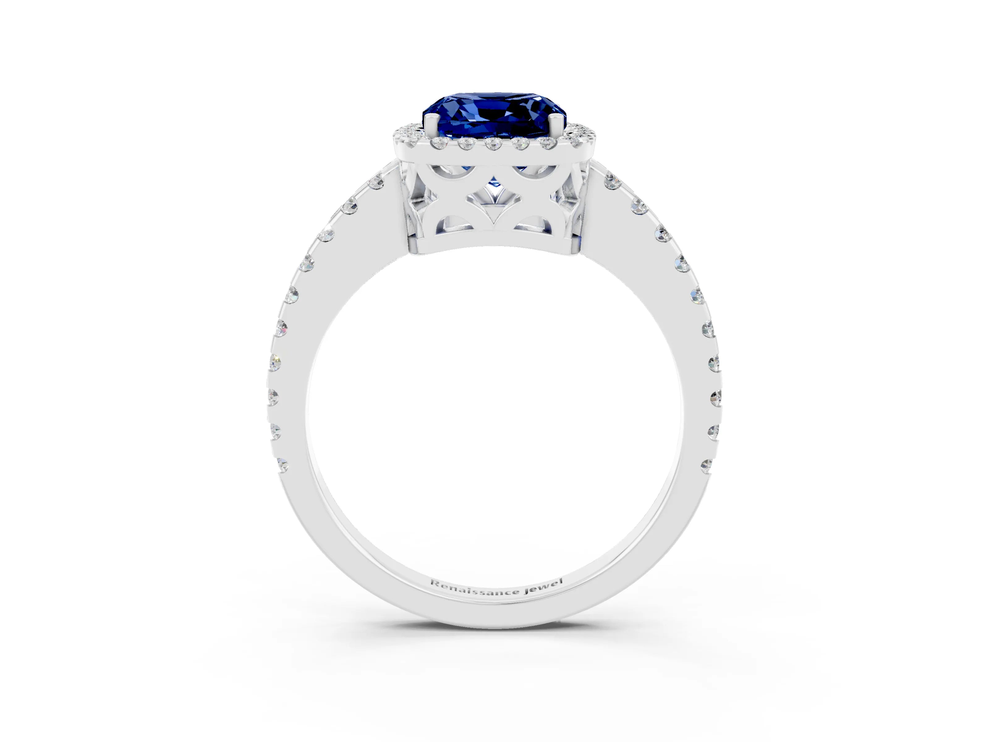 White gold Cushion Cut Blue Sapphire Halo Engagement Ring with Pavé Band and Prong Setting_15