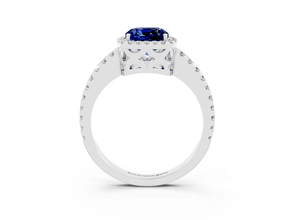 Platinum Cushion Cut Blue Sapphire Halo Engagement Ring with Pavé Band and Prong Setting