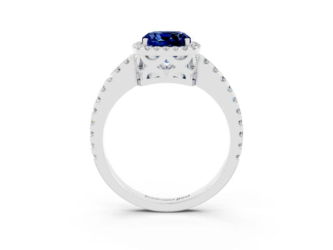 White gold Cushion Cut Blue Sapphire Halo Engagement Ring with Pavé Band and Prong Setting_15