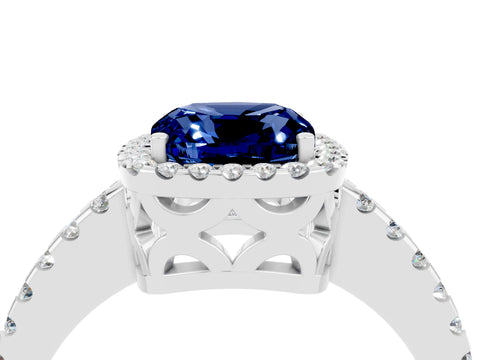 White gold Cushion Cut Blue Sapphire Halo Engagement Ring with Pavé Band and Prong Setting_16
