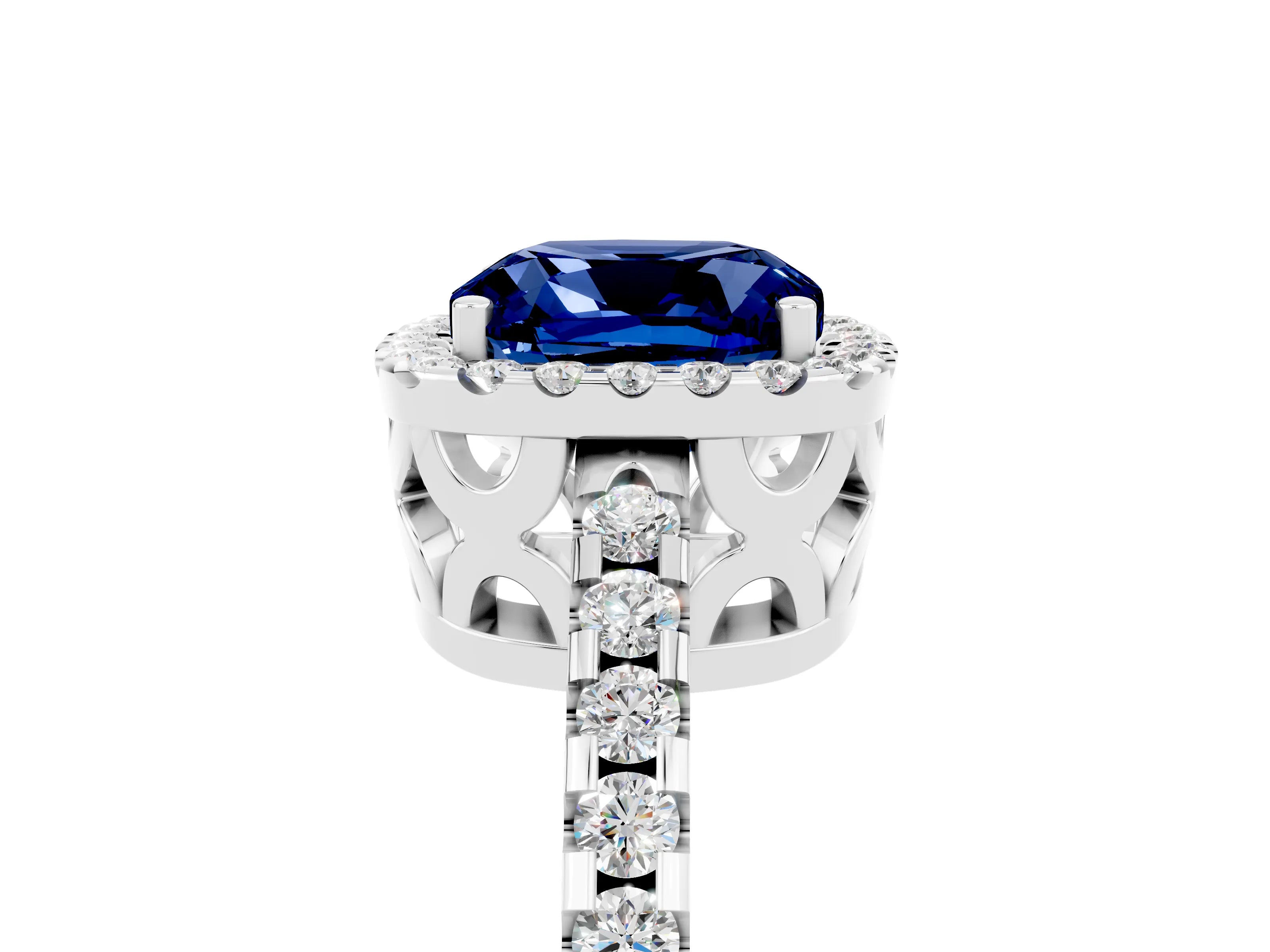 White gold Cushion Cut Blue Sapphire Halo Engagement Ring with Pavé Band and Prong Setting_17