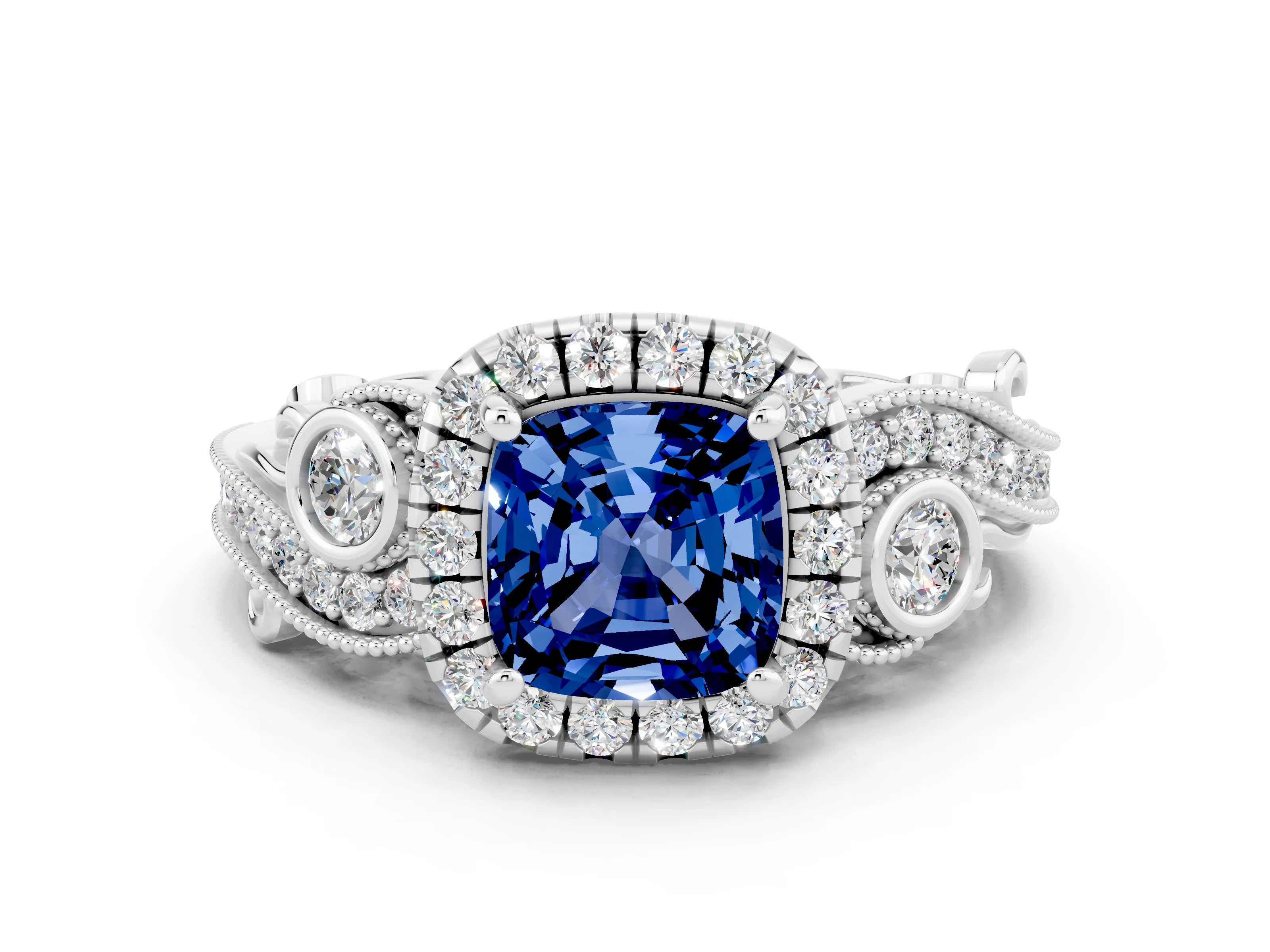 White gold Cushion Cut Blue Sapphire Halo Ring with Milgrain Pavé Band and Four-Prong Setting_12