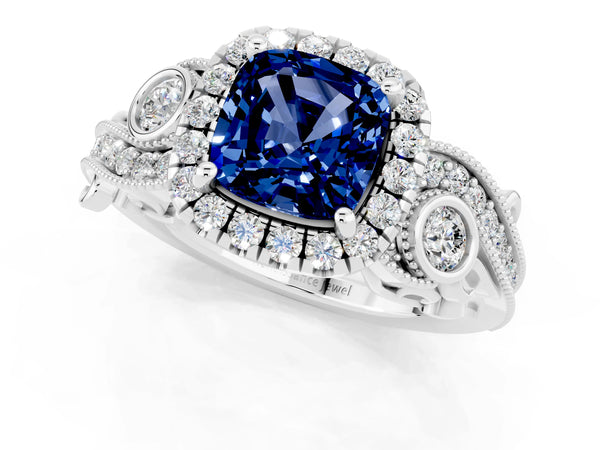 Silver Cushion Cut Blue Sapphire Halo Ring with Milgrain Pavé Band and Four-Prong Setting
