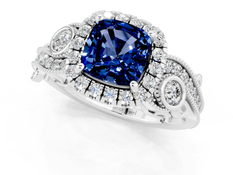White gold Cushion Cut Blue Sapphire Halo Ring with Milgrain Pavé Band and Four-Prong Setting_13