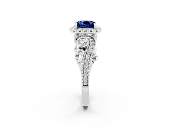 Platinum Cushion Cut Blue Sapphire Halo Ring with Milgrain Pavé Band and Four-Prong Setting