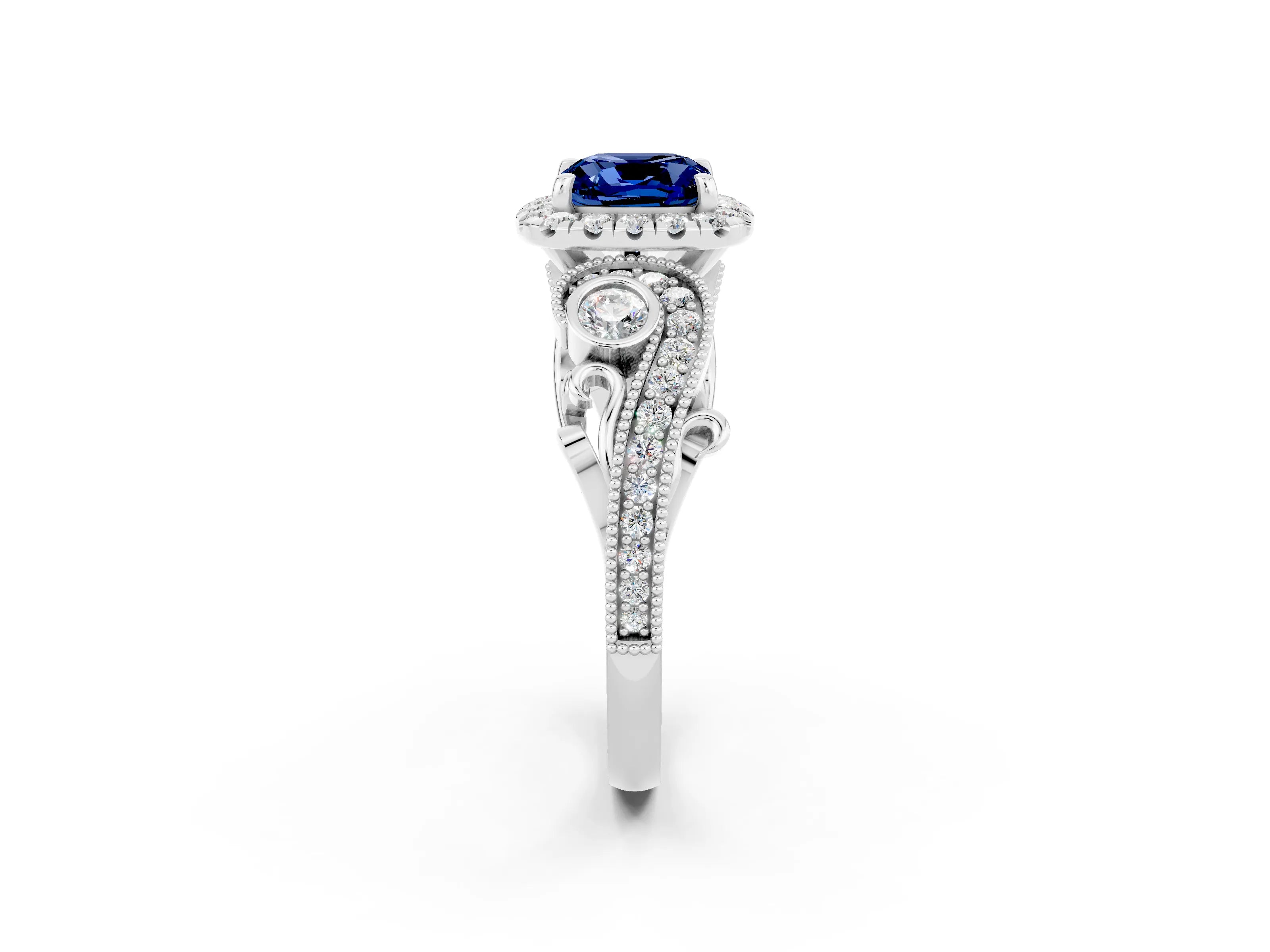 White gold Cushion Cut Blue Sapphire Halo Ring with Milgrain Pavé Band and Four-Prong Setting_14