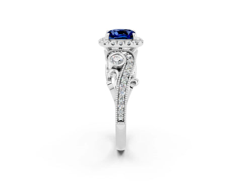 White gold Cushion Cut Blue Sapphire Halo Ring with Milgrain Pavé Band and Four-Prong Setting_14