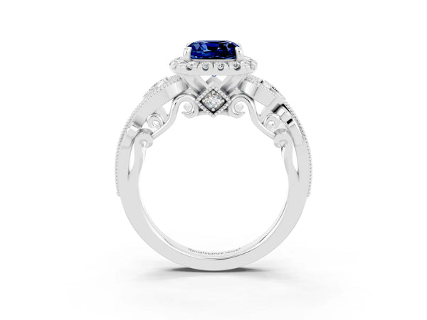 White gold Cushion Cut Blue Sapphire Halo Ring with Milgrain Pavé Band and Four-Prong Setting