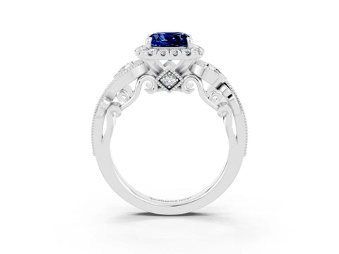 White gold Cushion Cut Blue Sapphire Halo Ring with Milgrain Pavé Band and Four-Prong Setting_15