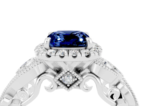 White gold Cushion Cut Blue Sapphire Halo Ring with Milgrain Pavé Band and Four-Prong Setting_16
