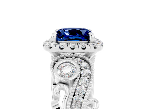 White gold Cushion Cut Blue Sapphire Halo Ring with Milgrain Pavé Band and Four-Prong Setting_17