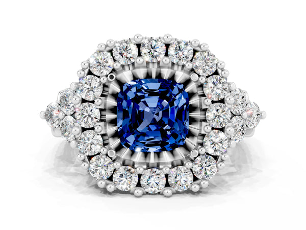 Silver Cushion Cut Blue Sapphire Halo Ring with Pavé Band and Four-Prong Setting