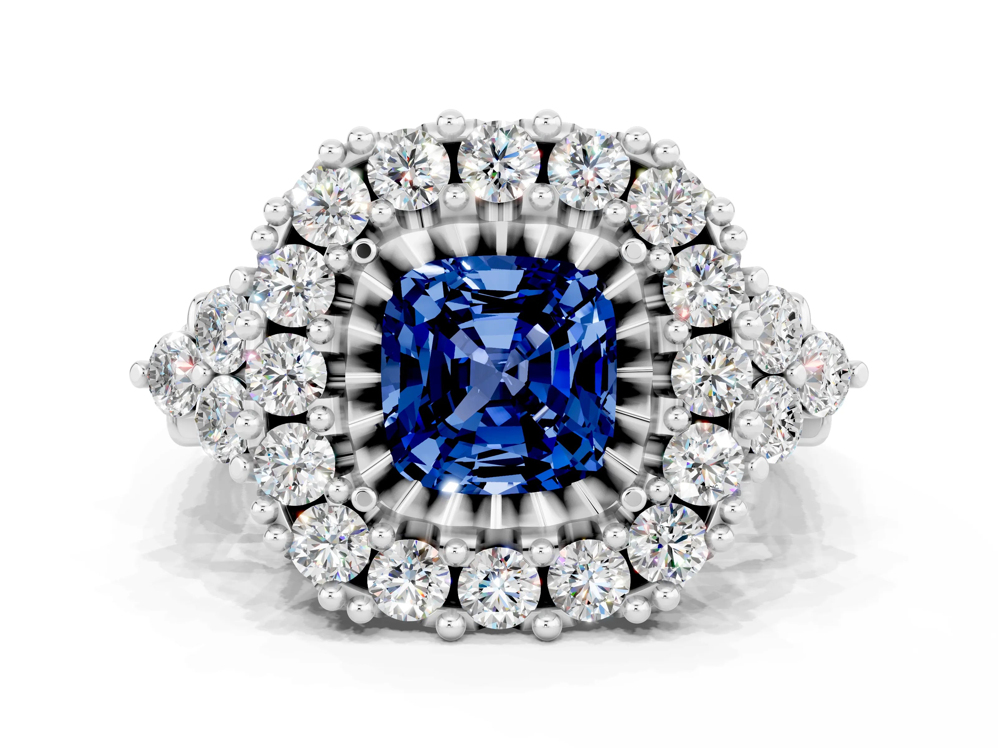 White gold Cushion Cut Blue Sapphire Halo Ring with Pavé Band and Four-Prong Setting_12