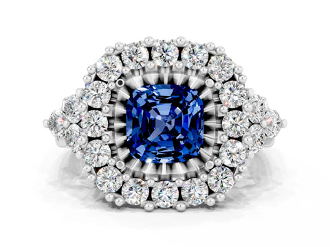White gold Cushion Cut Blue Sapphire Halo Ring with Pavé Band and Four-Prong Setting_12