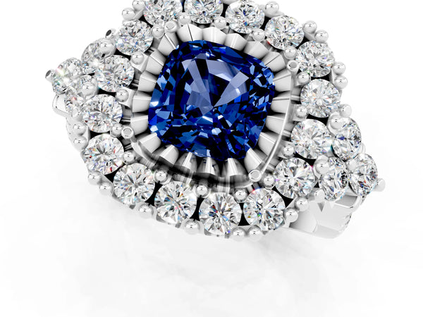 Platinum Cushion Cut Blue Sapphire Halo Ring with Pavé Band and Four-Prong Setting