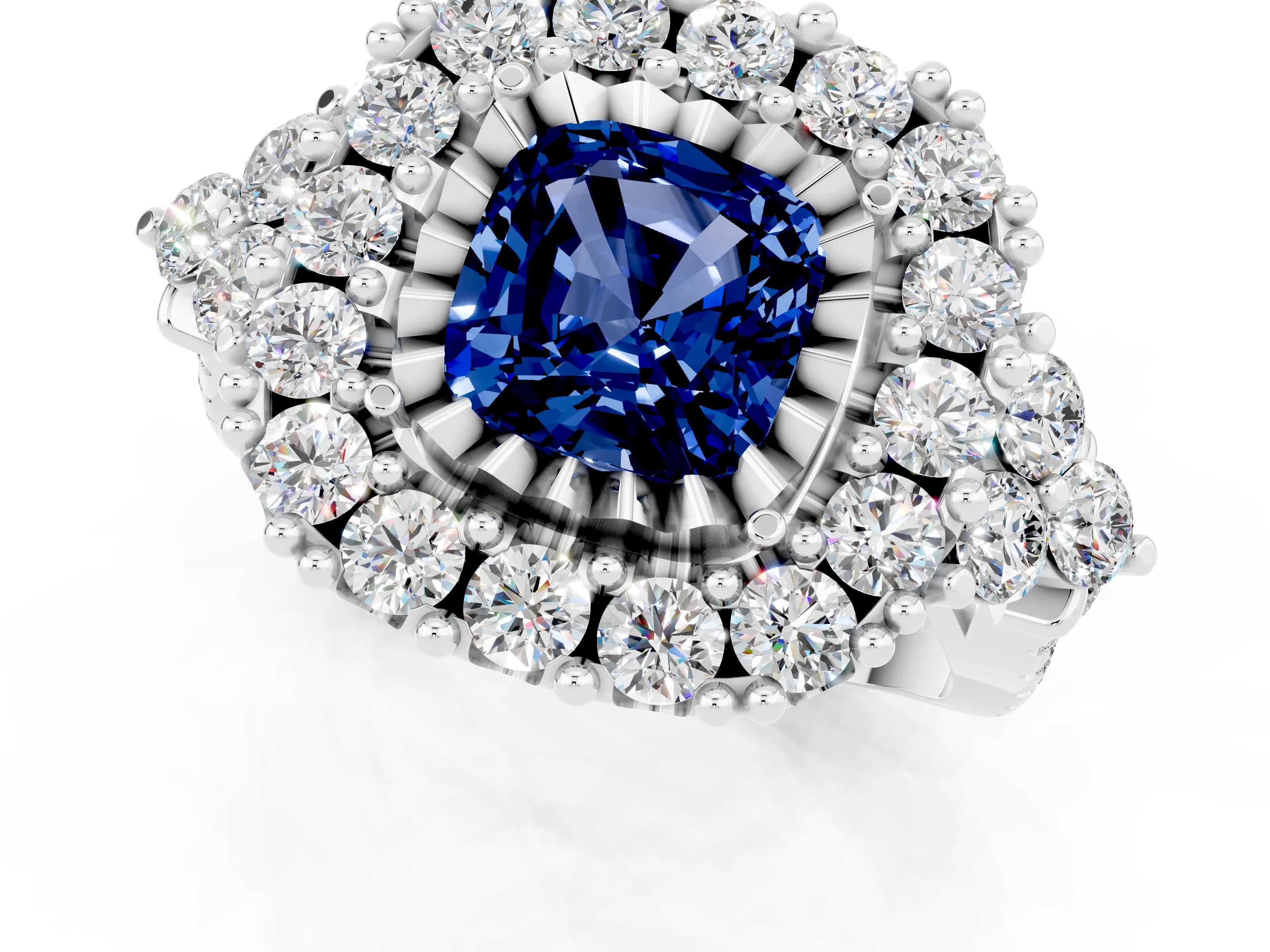 White gold Cushion Cut Blue Sapphire Halo Ring with Pavé Band and Four-Prong Setting_13