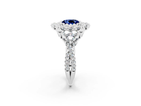 Platinum Cushion Cut Blue Sapphire Halo Ring with Pavé Band and Four-Prong Setting