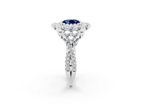 White gold Cushion Cut Blue Sapphire Halo Ring with Pavé Band and Four-Prong Setting_14