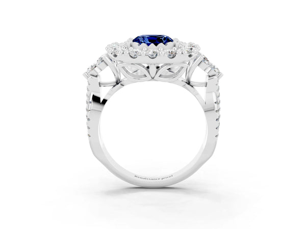 White gold Cushion Cut Blue Sapphire Halo Ring with Pavé Band and Four-Prong Setting