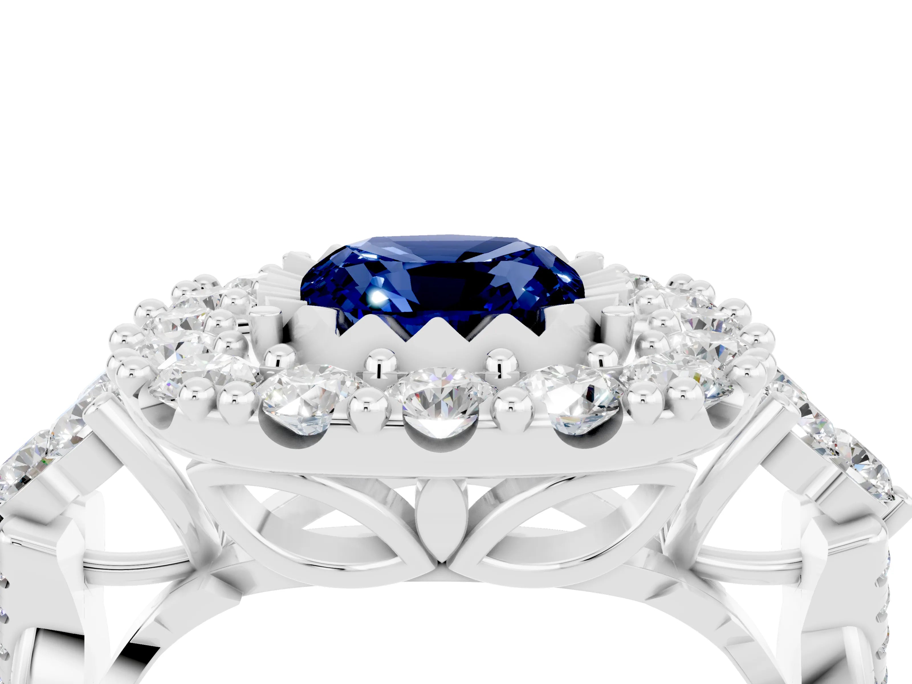 White gold Cushion Cut Blue Sapphire Halo Ring with Pavé Band and Four-Prong Setting_16