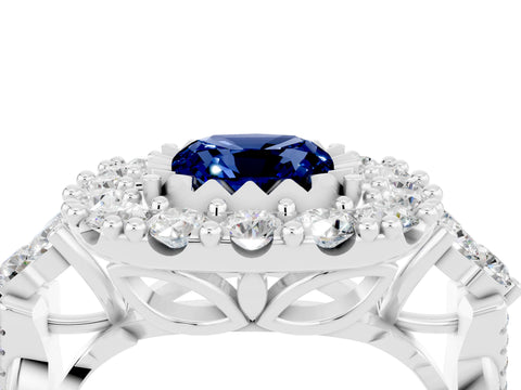 White gold Cushion Cut Blue Sapphire Halo Ring with Pavé Band and Four-Prong Setting_16