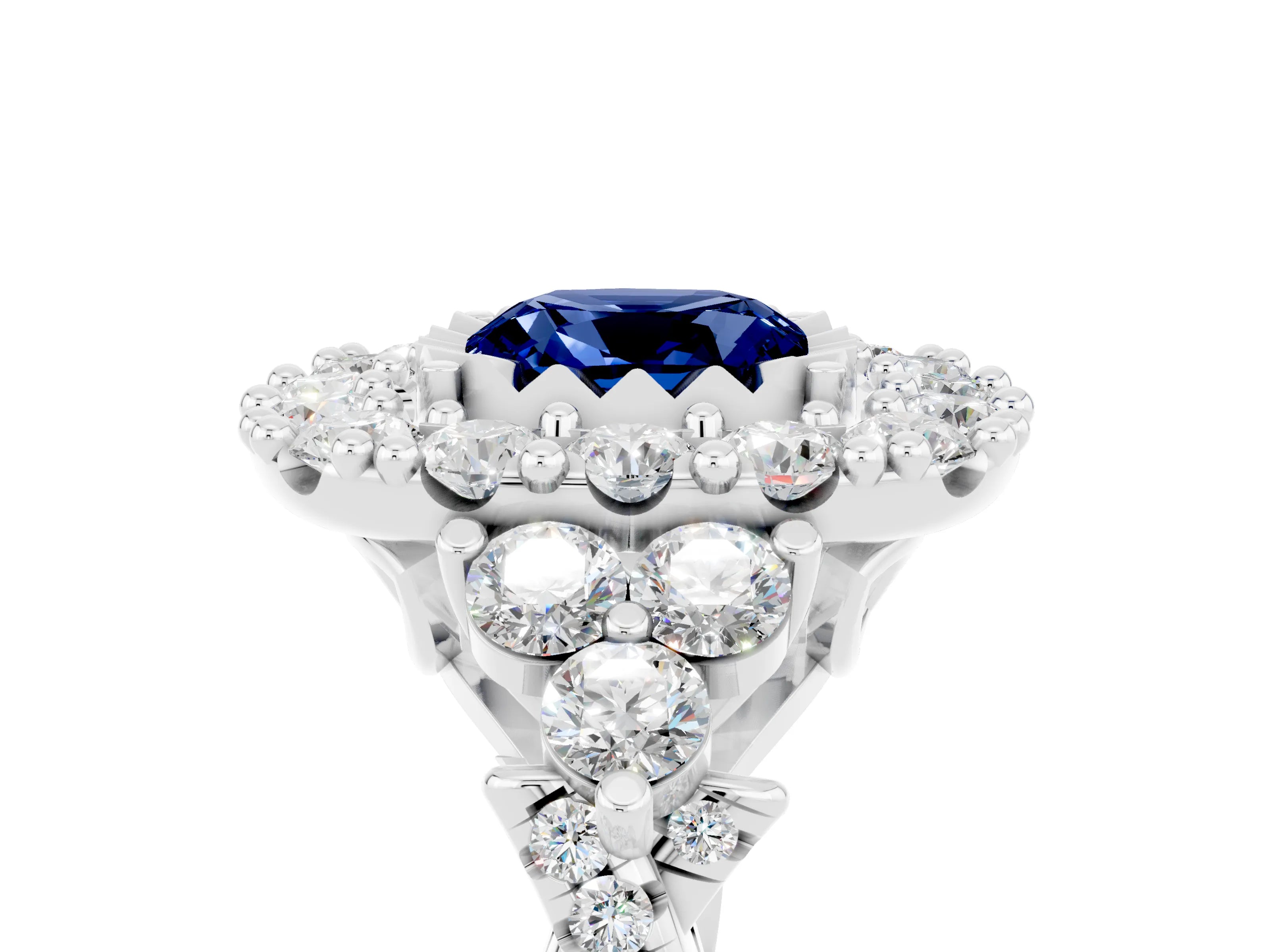 White gold Cushion Cut Blue Sapphire Halo Ring with Pavé Band and Four-Prong Setting_17