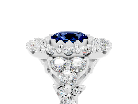 White gold Cushion Cut Blue Sapphire Halo Ring with Pavé Band and Four-Prong Setting_17