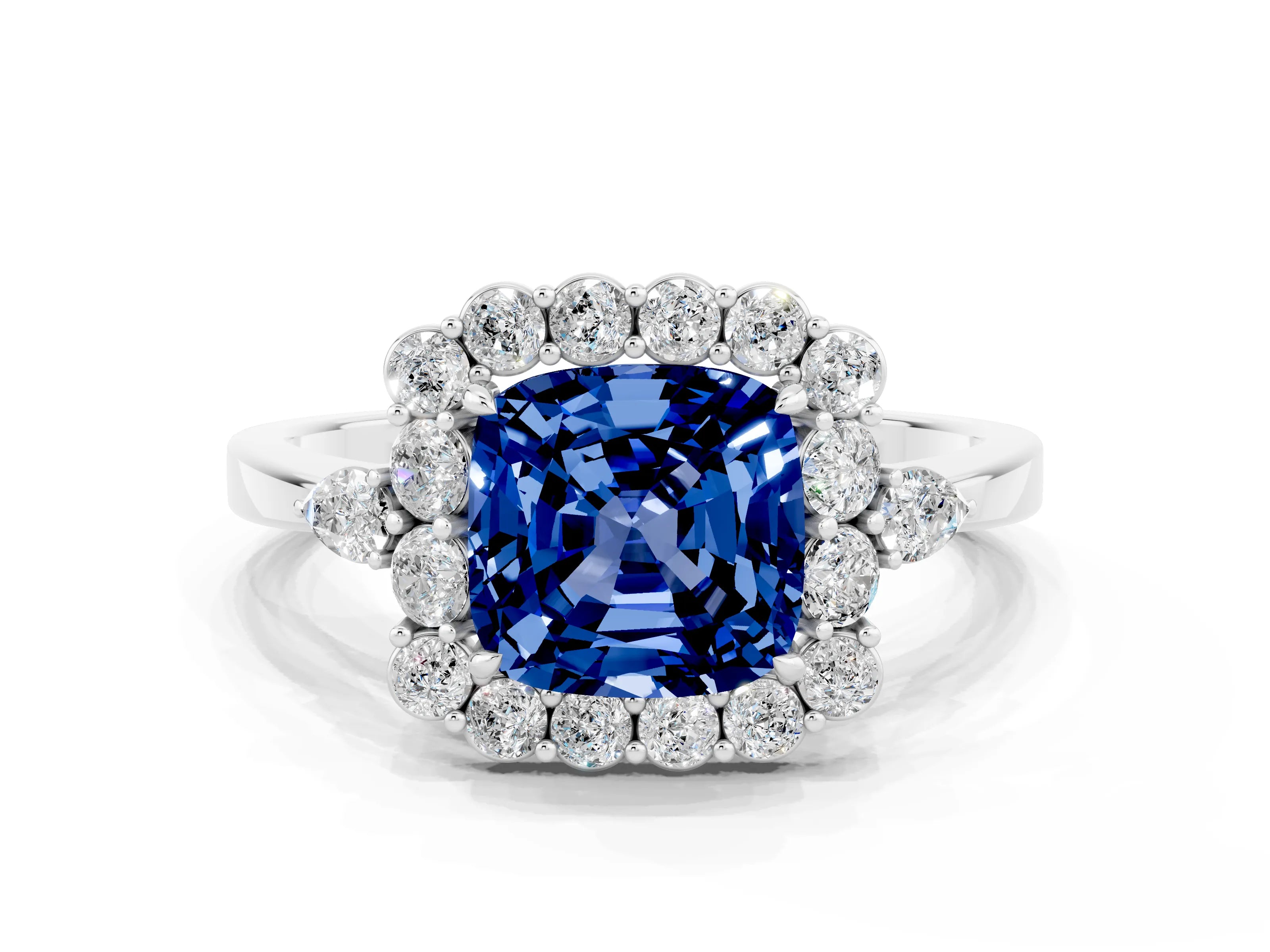 White gold Cushion Cut Blue Sapphire Halo Ring with Pear Side Stones and Prong Setting_24
