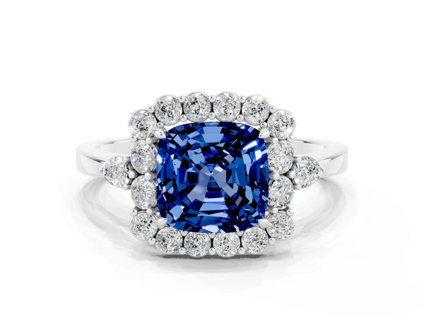 Silver Cushion Cut Blue Sapphire Halo Ring with Pear Side Stones and Prong Setting