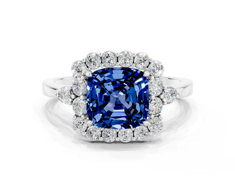 White gold Cushion Cut Blue Sapphire Halo Ring with Pear Side Stones and Prong Setting_24