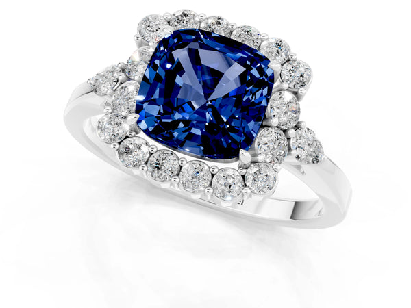 Silver Cushion Cut Blue Sapphire Halo Ring with Pear Side Stones and Prong Setting