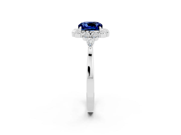 Platinum Cushion Cut Blue Sapphire Halo Ring with Pear Side Stones and Prong Setting