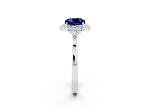 White gold Cushion Cut Blue Sapphire Halo Ring with Pear Side Stones and Prong Setting_26