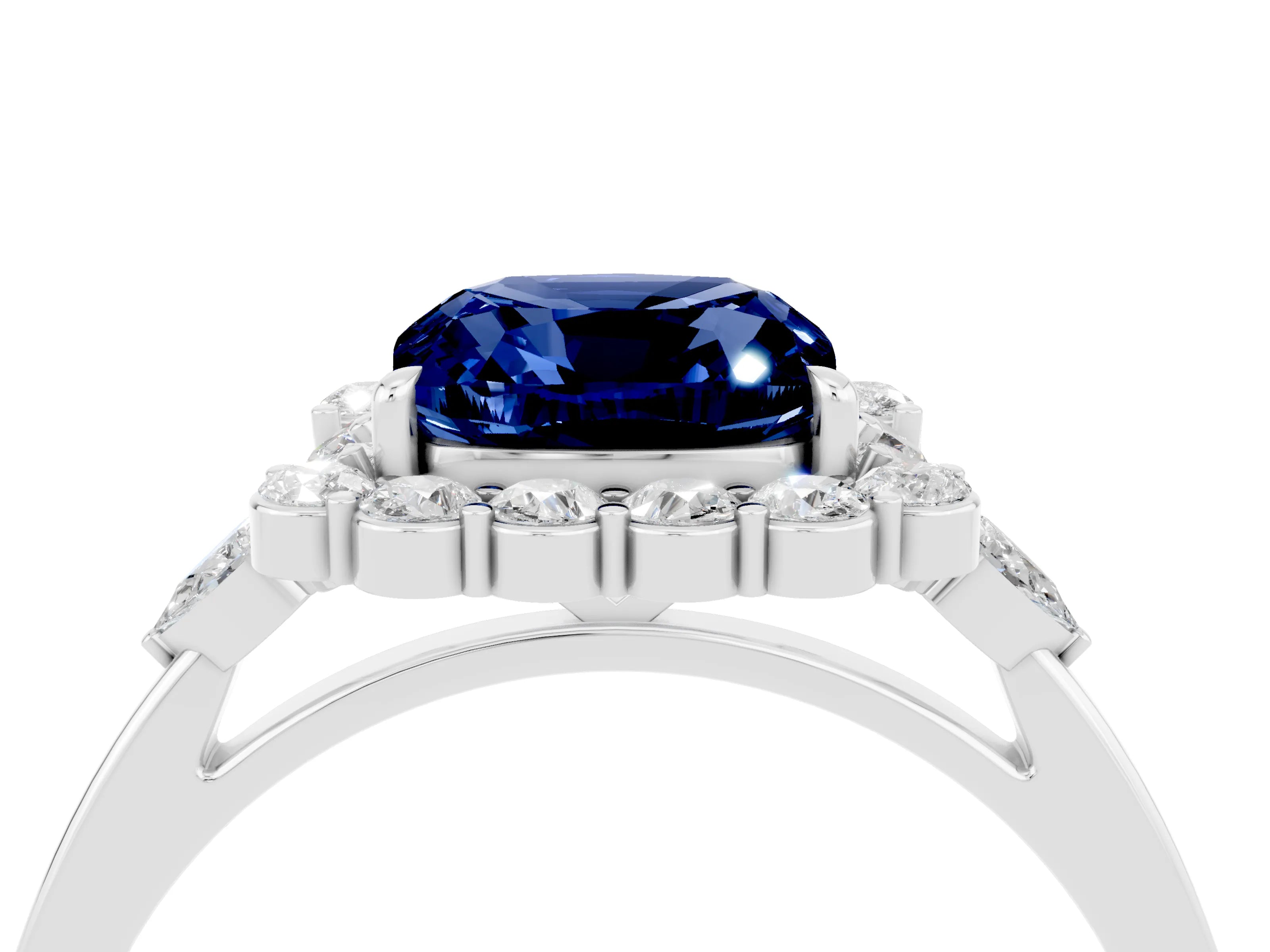 White gold Cushion Cut Blue Sapphire Halo Ring with Pear Side Stones and Prong Setting_28