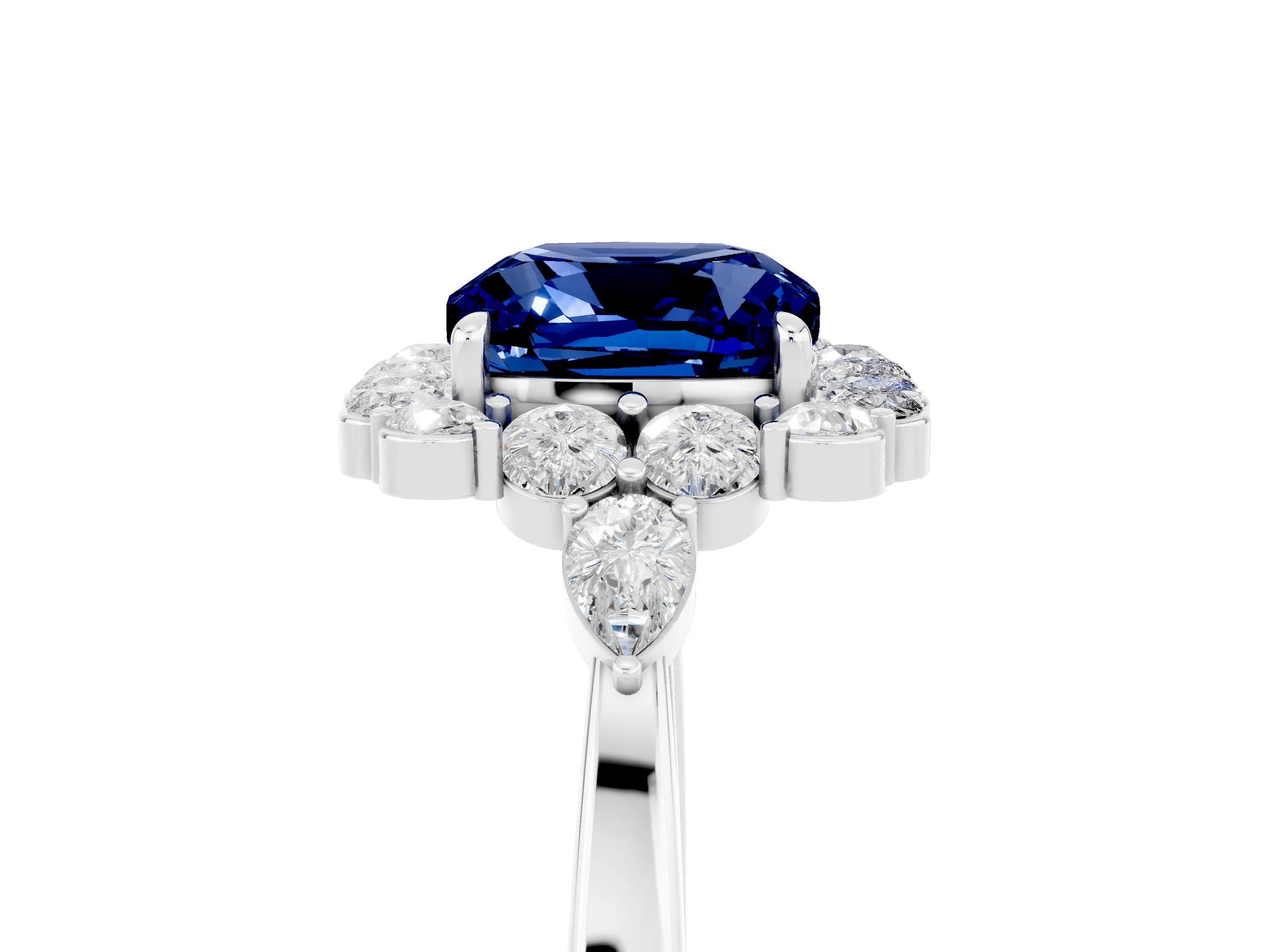 White gold Cushion Cut Blue Sapphire Halo Ring with Pear Side Stones and Prong Setting_29