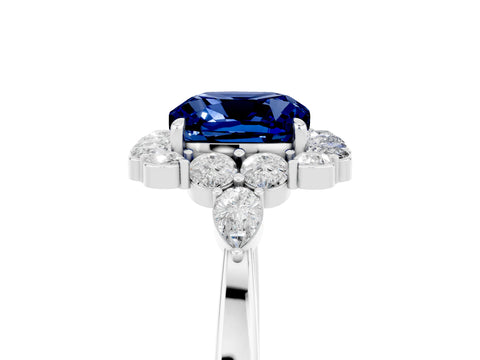 White gold Cushion Cut Blue Sapphire Halo Ring with Pear Side Stones and Prong Setting_29