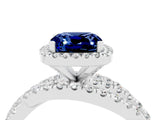 White gold Cushion Cut Blue Sapphire Halo Ring with Round Split Shank and Prong Setting_64