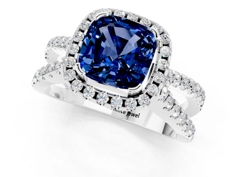 White gold Cushion Cut Blue Sapphire Halo Ring with Split Shank Pavé Band and Prong Setting_1