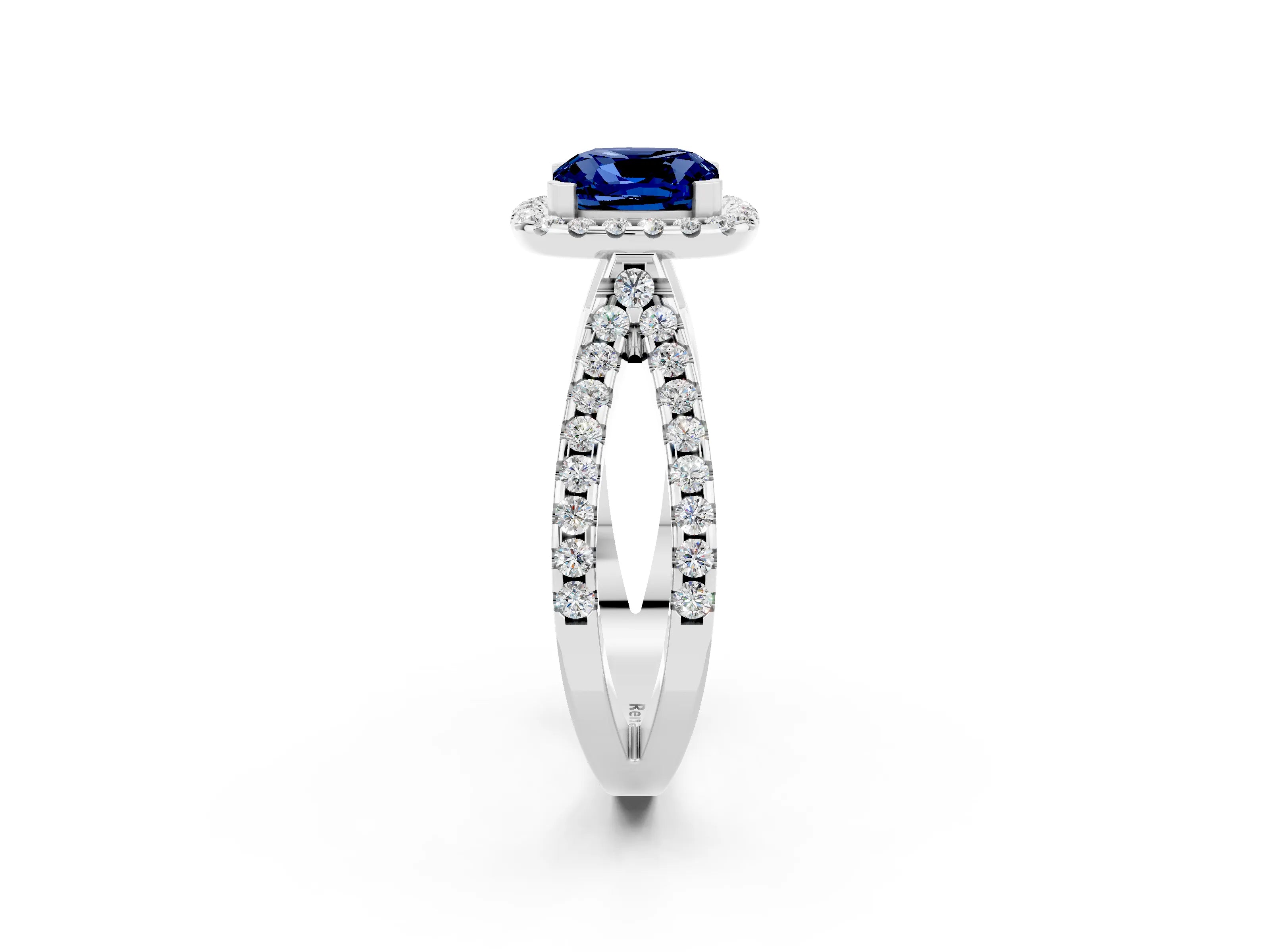 White gold Cushion Cut Blue Sapphire Halo Ring with Split Shank Pavé Band and Prong Setting_2