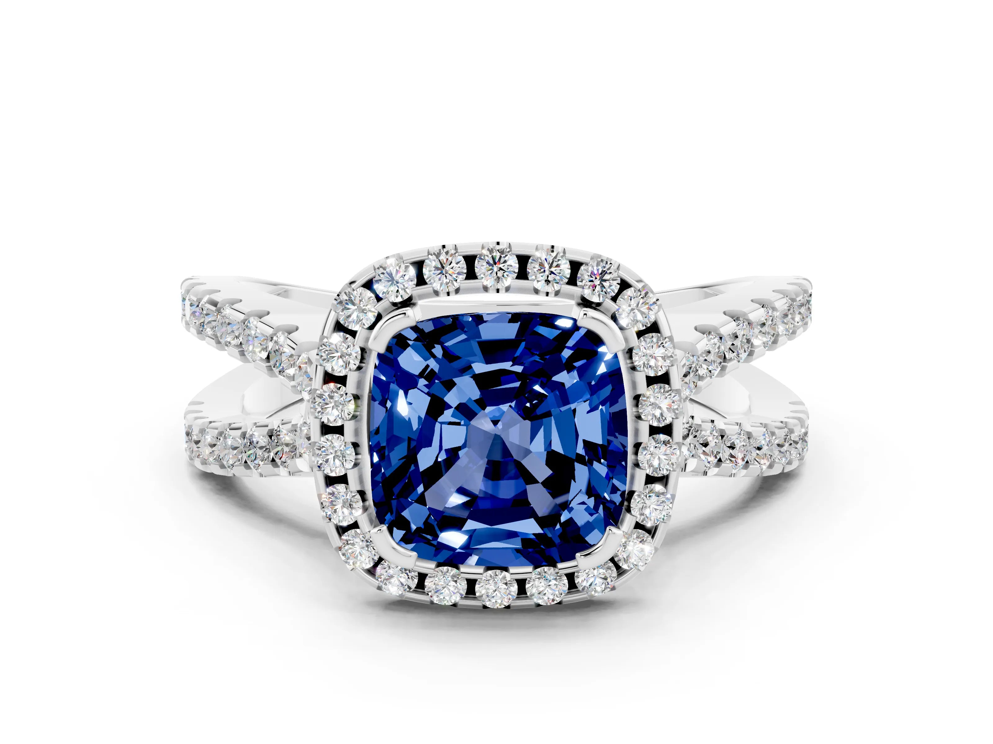 White gold Cushion Cut Blue Sapphire Halo Ring with Split Shank Pavé Band and Prong Setting