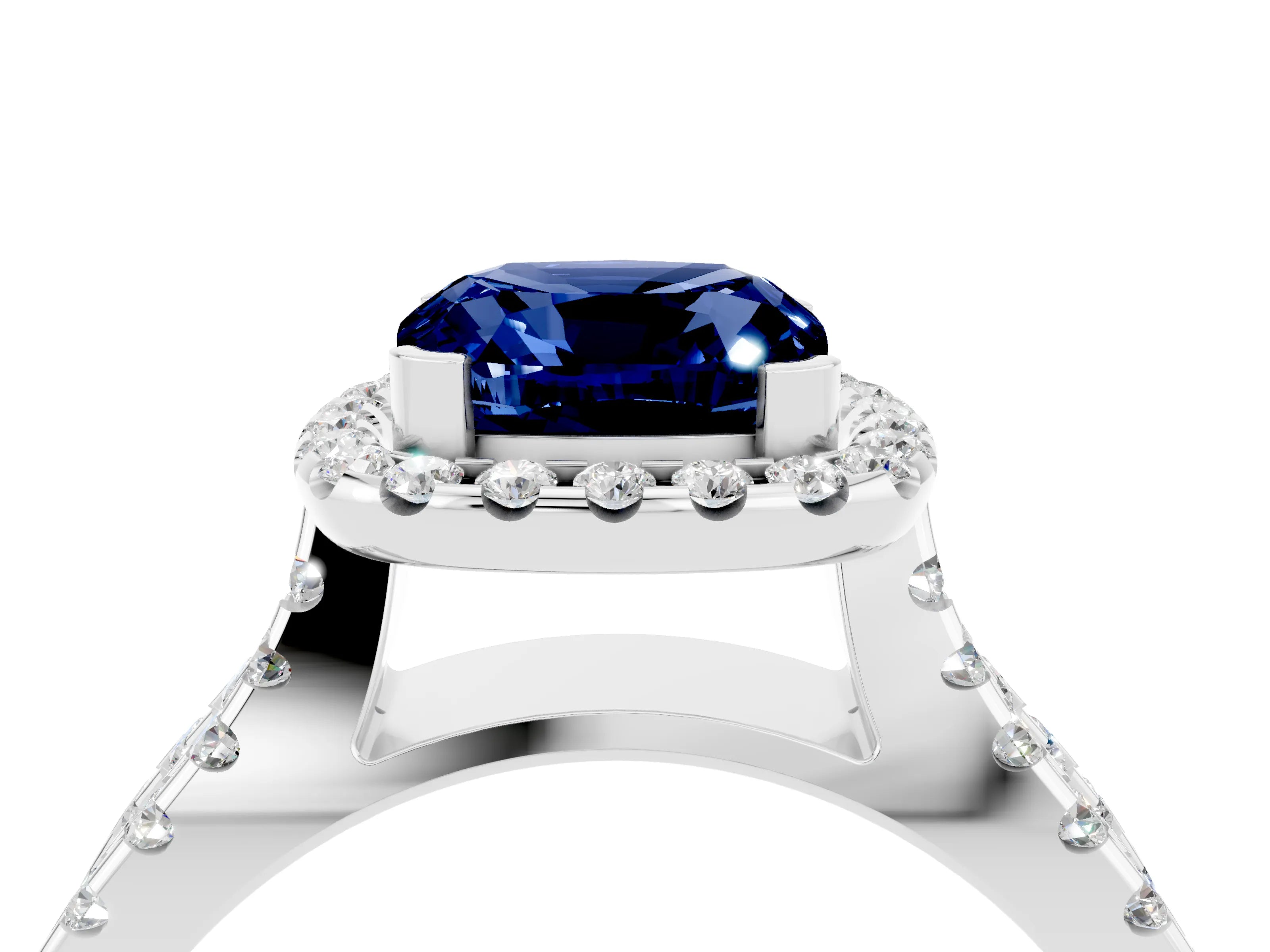 White gold Cushion Cut Blue Sapphire Halo Ring with Split Shank Pavé Band and Prong Setting_4